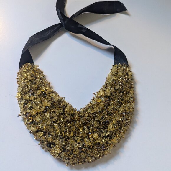 Statement Gold Crystal Bib Necklace Black Ribbon Choker - Picture 1 of 11